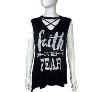 Zutter Faith Over Fear Black Distressed Muscle Tank Top
